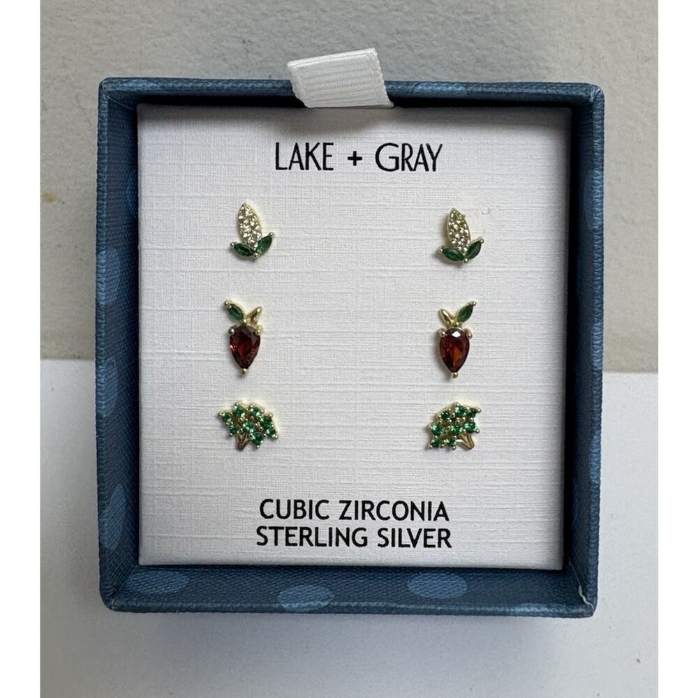 Lake Gray Sterling Silver CZ Vegetable Earrings Set‎ Corn Pepper Broccoli